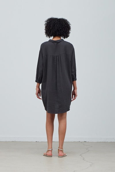 Faded Black Double Gauze Cotton Shirt Dress