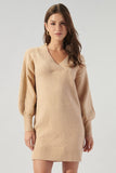 Camel Colored Balloon Sleeve Sweater Dress