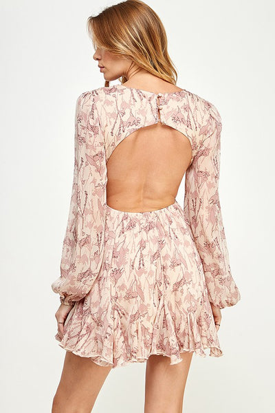 Taupe Colored Floral Open Back Chiffon Mini Dress