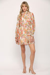 Lavender and Orange Floral Print Front Button Placket Frill Neck Dress
