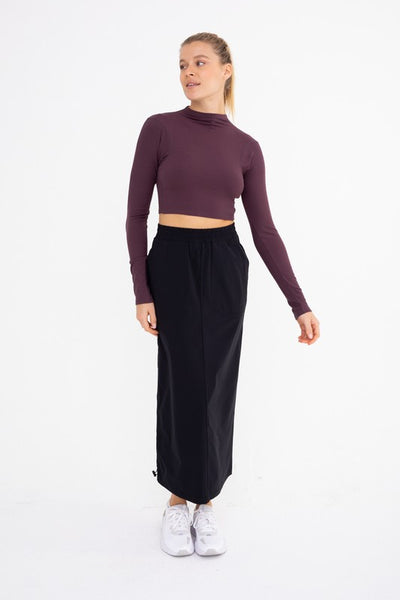 Maroon Colored Mock Neck Ribbed Cropped Long Sleeve Top