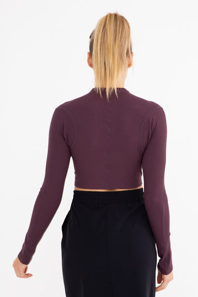Maroon Colored Mock Neck Ribbed Cropped Long Sleeve Top