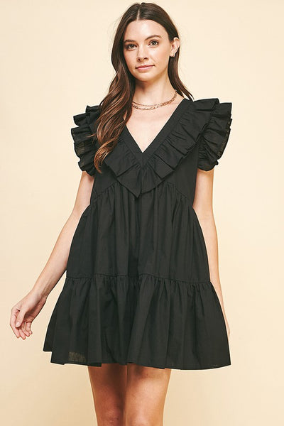 Black V Neck Ruffle Detail Mini Dress