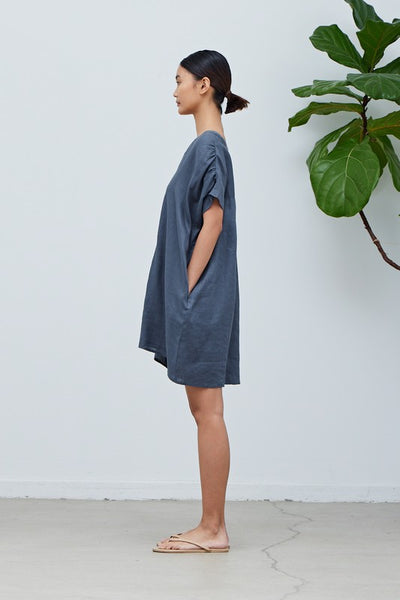 Cyan Colored Boxy Linen Mini Dress
