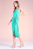 Green Colored Washed Poly Silk Wrap Skirt Midi Dress