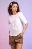 White Colored Back V-Neck Elastic Detail Top