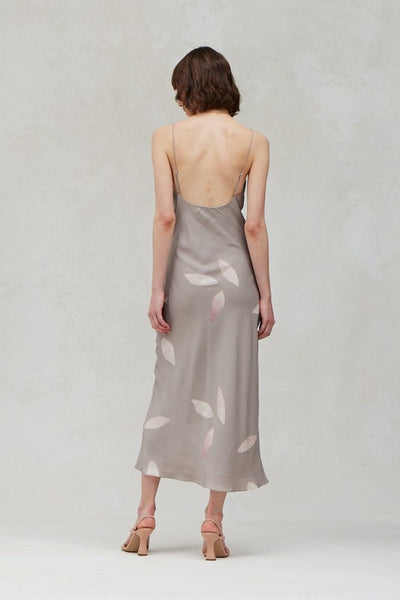 Fawn Colored Satin Unbalancced Print Dress