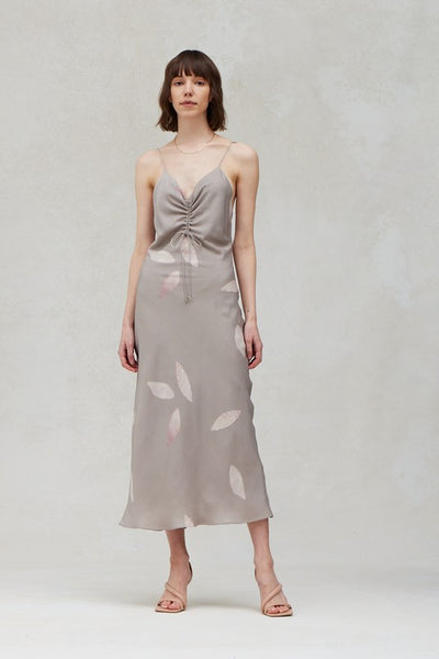 Fawn Colored Satin Unbalancced Print Dress