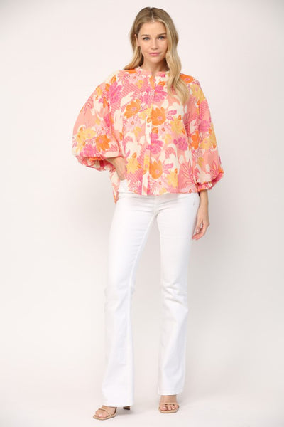 Magenta and Floral Multi Print 3/4 Ballon Sleeve blouse