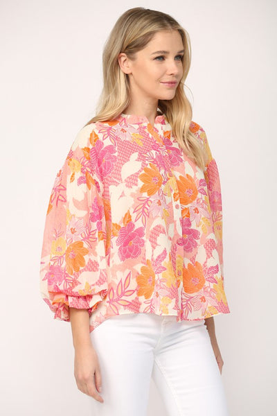Magenta and Floral Multi Print 3/4 Ballon Sleeve blouse