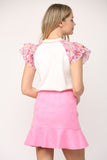 Cream and Pink Contrast Flutter Sleeve Top