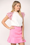 Cream and Pink Contrast Flutter Sleeve Top