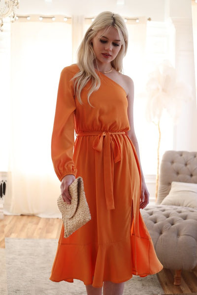Tangerine Colored One Sleeve Ruffle Midi Dress