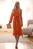 Tangerine Colored One Sleeve Ruffle Midi Dress