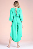 Emerald Colored Textured Slanted Hem Kimono Jumpsuit