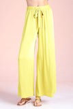 Chartreuse Colored Washed Poly Silk Tie Waist Wide Leg Pants