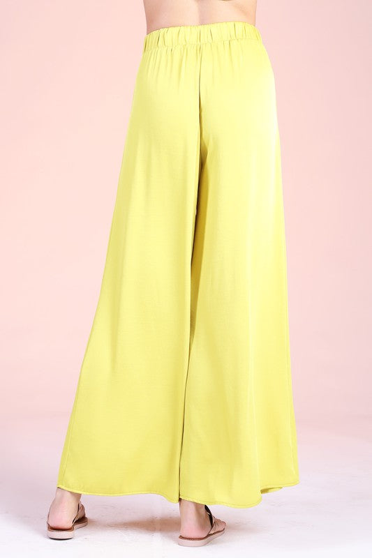 Chartreuse Colored Washed Poly Silk Tie Waist Wide Leg Pants