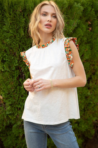 White Colored Floral Print Ruffle Detail Top