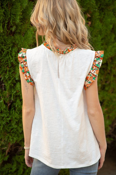 White Colored Floral Print Ruffle Detail Top
