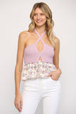 Lilac Colored Contrast Broderie Trim Knitted Cut Out Top