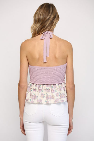 Lilac Colored Contrast Broderie Trim Knitted Cut Out Top