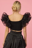 Black Organza Ruffled Sleeves Detail Ribbed Knit Crop Top