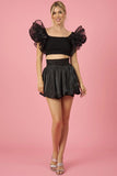 Black Organza Ruffled Sleeves Detail Ribbed Knit Crop Top