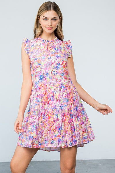 Pink Print Ruffle Sleeve Dress