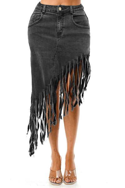 Black Diagonal Fringe Hem Detail Denim Skirt
