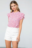 White and Pink Multi Print Ruffle Sleeve Top