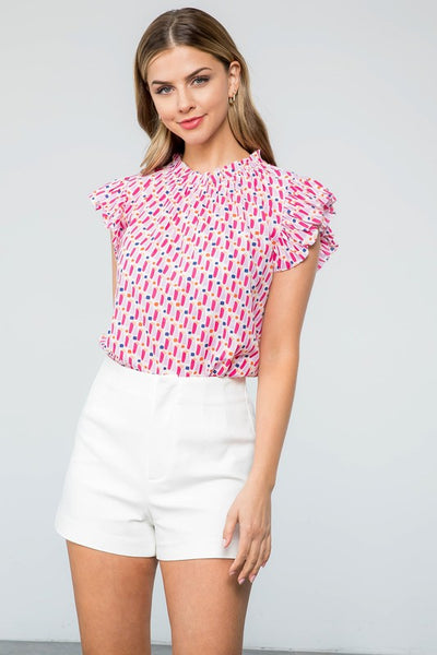 White and Pink Multi Print Ruffle Sleeve Top