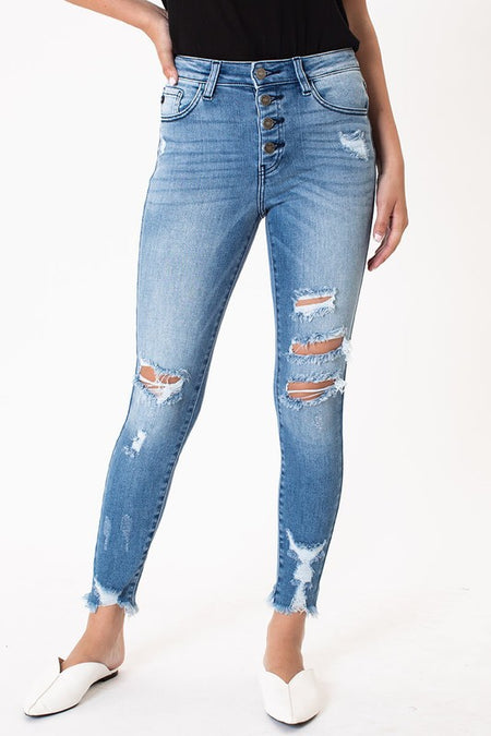 Denny Mid Rise Distressed Jeans With Slanted Cuff