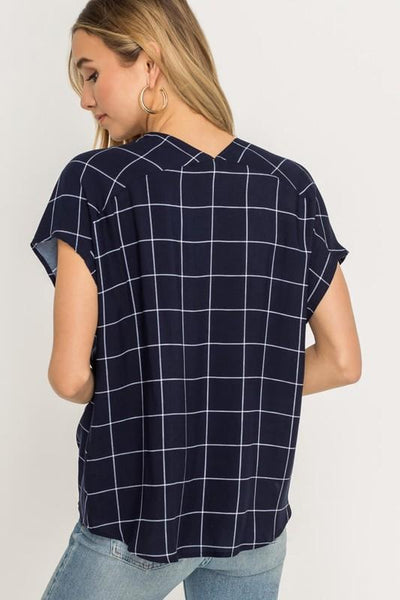 Blue Checkered Wrap Top - THE WEARHOUSE