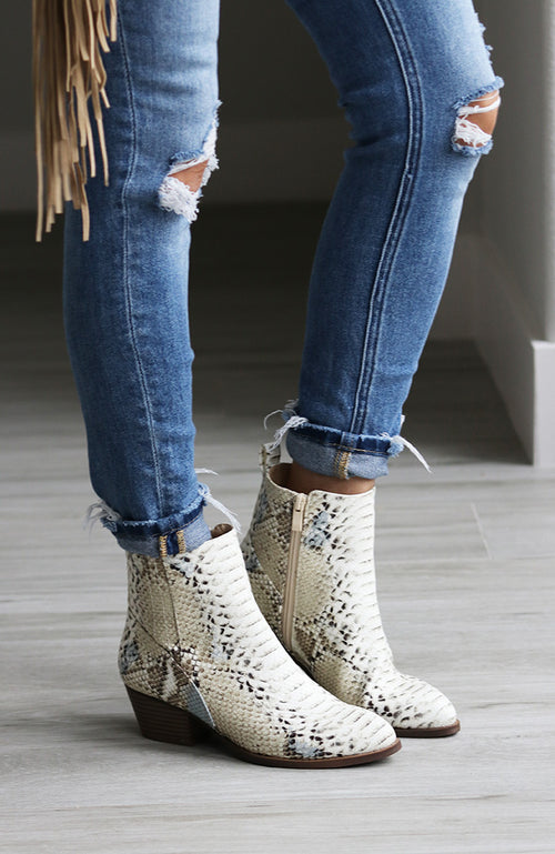 Tonya White and Taupe Snake Print Ankle Boots