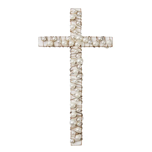 White Wood Cross with Pearls