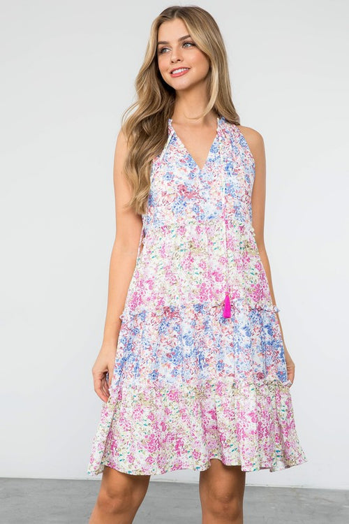 Cream, Pink and Blue Halter Tassel Tie Flower Print Dress