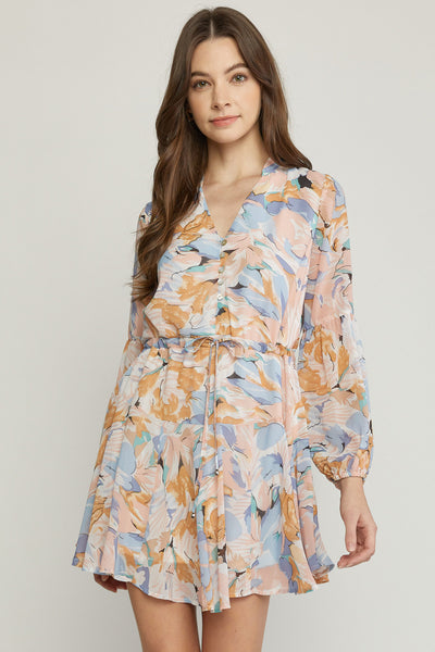 Peach and Blue Printed Floral V Neck Long Sleeve Dress