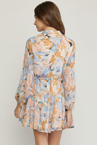 Peach and Blue Printed Floral V Neck Long Sleeve Dress
