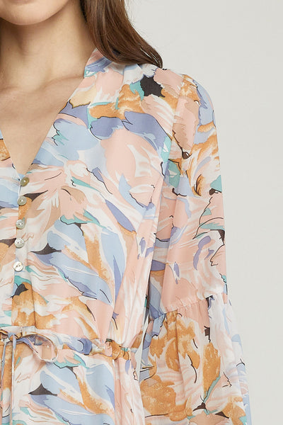 Peach and Blue Printed Floral V Neck Long Sleeve Dress