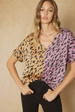 Pink and Camel Colored Multi Print V Neck Top