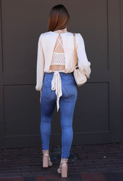 Cream Colored Balloon Sleeve Open Back Top